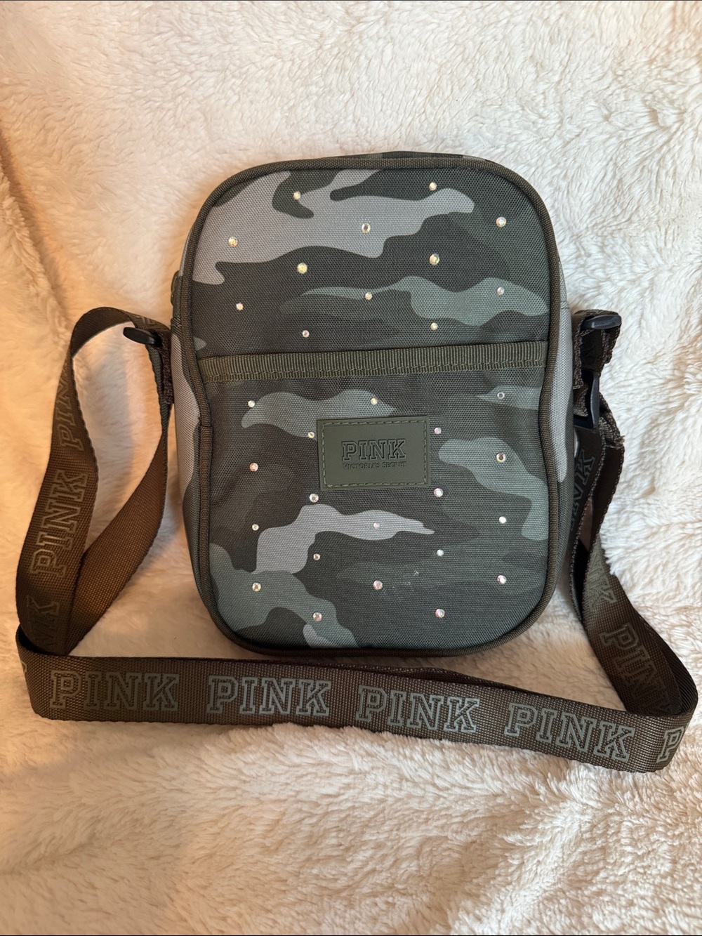 Victoria's Secret PINK Camo Rhinestone Crossbody Bag Green Camouflage Sporty